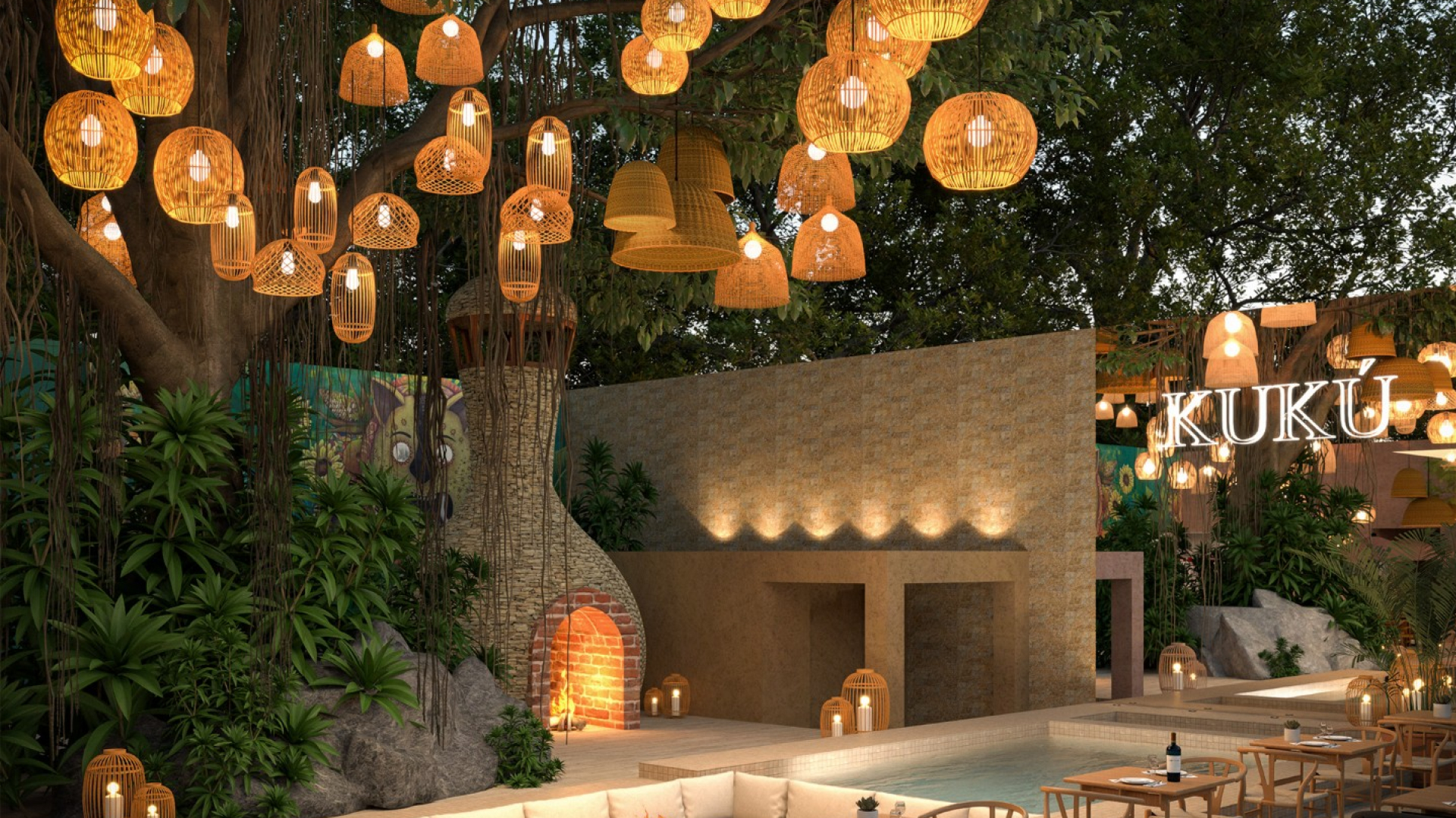 An outdoor restaurant courtyard with a pool, lounge seating, and dining tables surrounded by lush greenery. Woven lanterns and pendant lights hang overhead, creating a warm, inviting evening atmosphere.